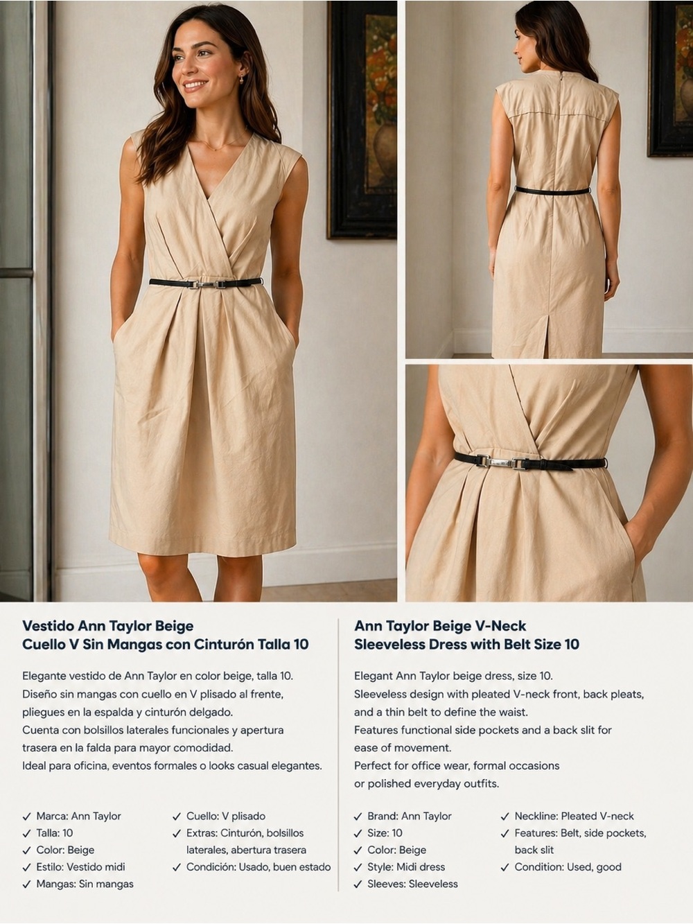 Ann Taylor Beige V-Neck Sleeveless‎ Dress with Belt Size 10